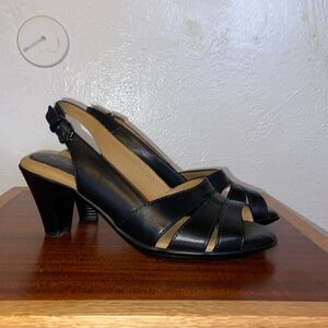 COMFORTIVA BORN 6.5 black sling back open toed heel genuine soft leather
